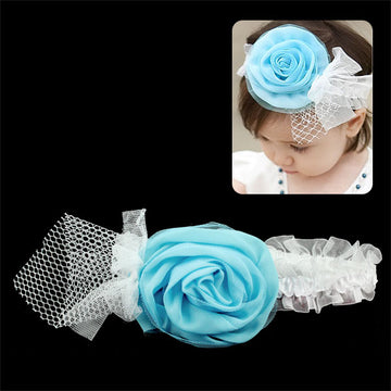 Girls White Stretch Headband with Rose Blue